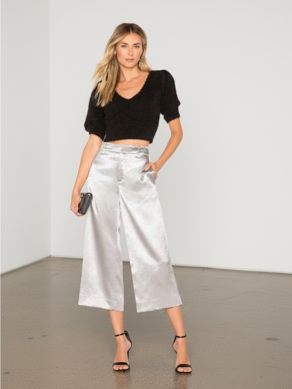 Vince Crop Metallic Silver Satin Wide Leg Pants Size 4
